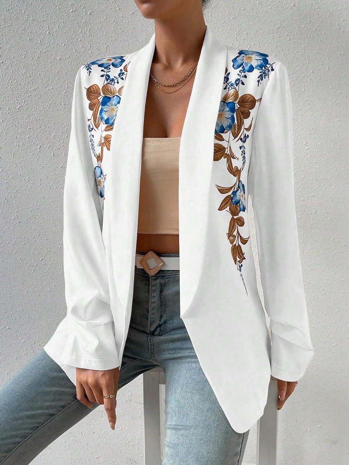 Floral Printed White Open Front Lapel Long Sleeve Blazer - ZyraLux