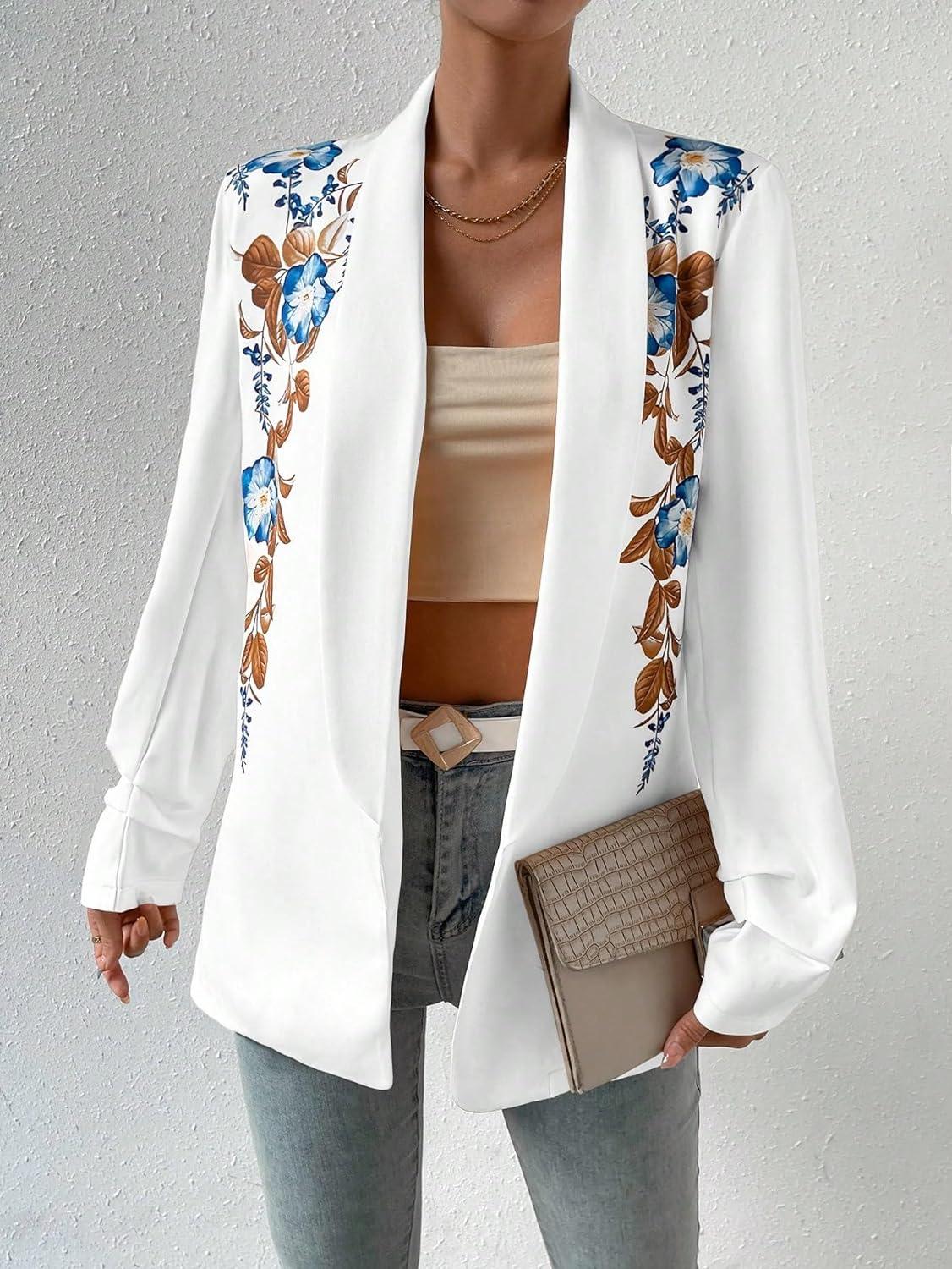 Floral Printed White Open Front Lapel Long Sleeve Blazer - ZyraLux