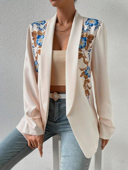 Floral Printed White Open Front Lapel Long Sleeve Blazer - ZyraLux