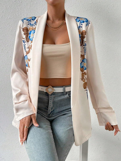 Floral Printed White Open Front Lapel Long Sleeve Blazer - ZyraLux