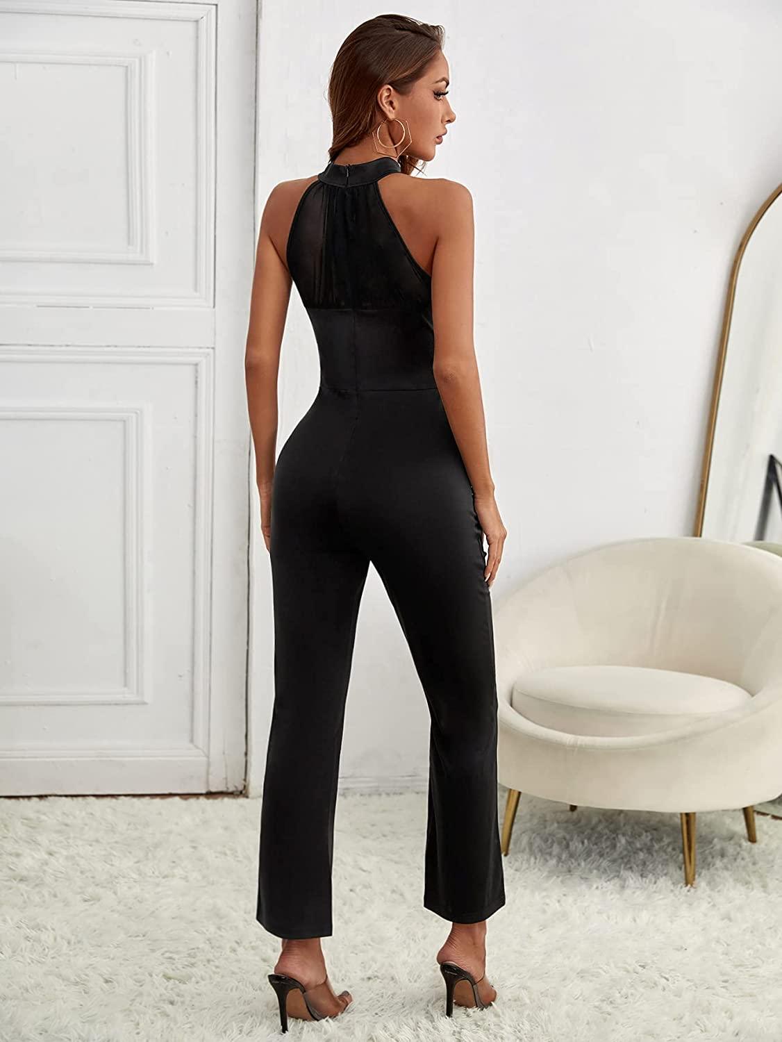 Prachtige halter mouwloze zwarte jumpsuit met wijde pijpen