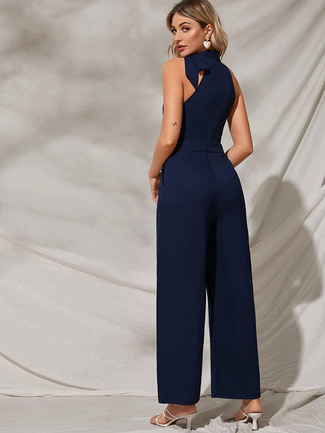 Prachtige halter mouwloze zwarte jumpsuit met wijde pijpen