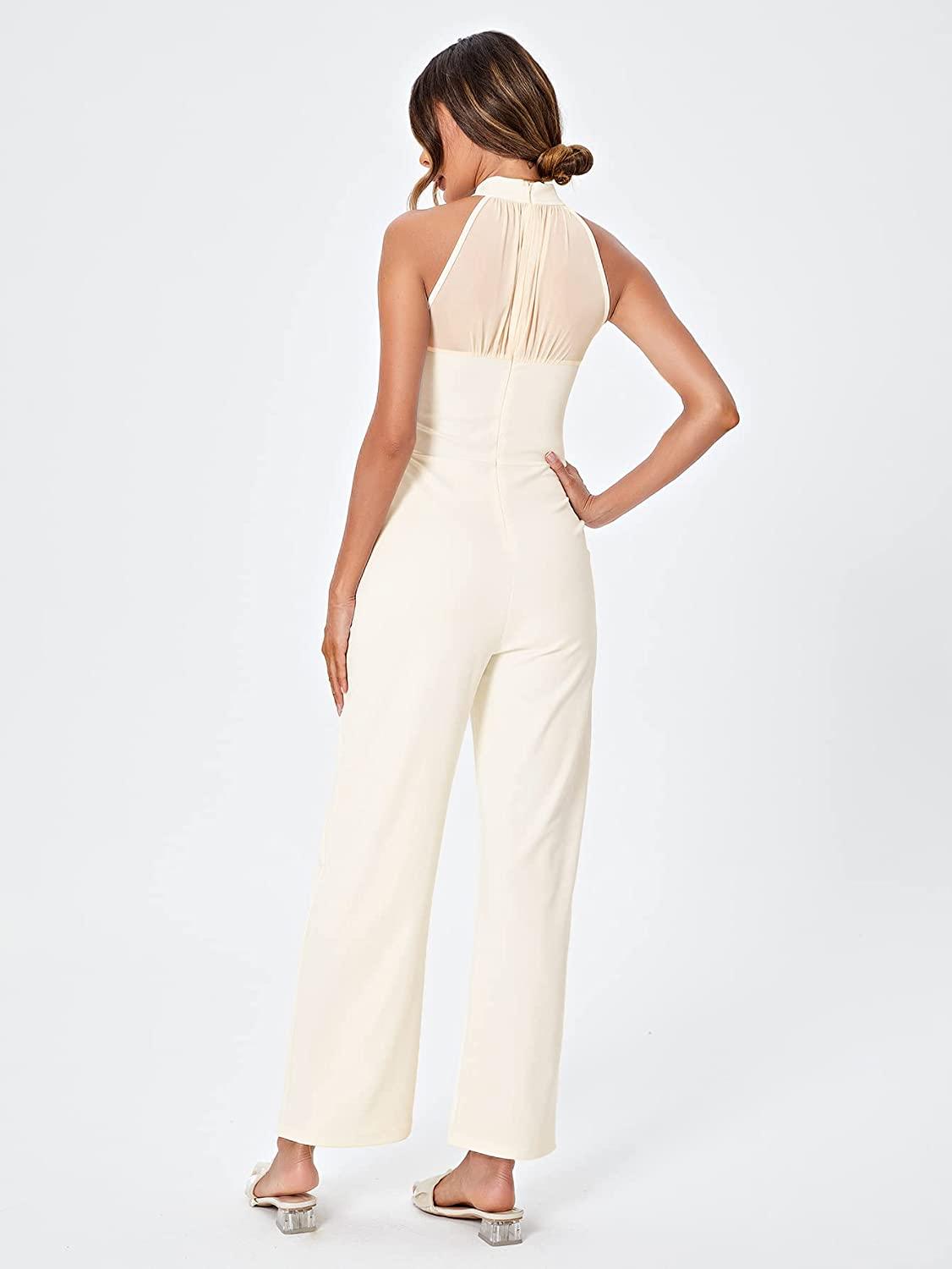 Prachtige halter mouwloze crème beige wijde pijp jumpsuit