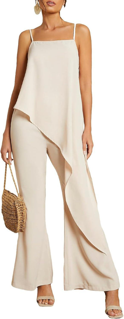 Cascading Beige Goddess Sleeveless 2pc Layer Jumpsuit - ZyraLux