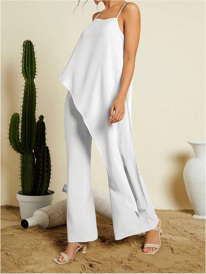 Cascading Beige Goddess Sleeveless 2pc Layer Jumpsuit - ZyraLux