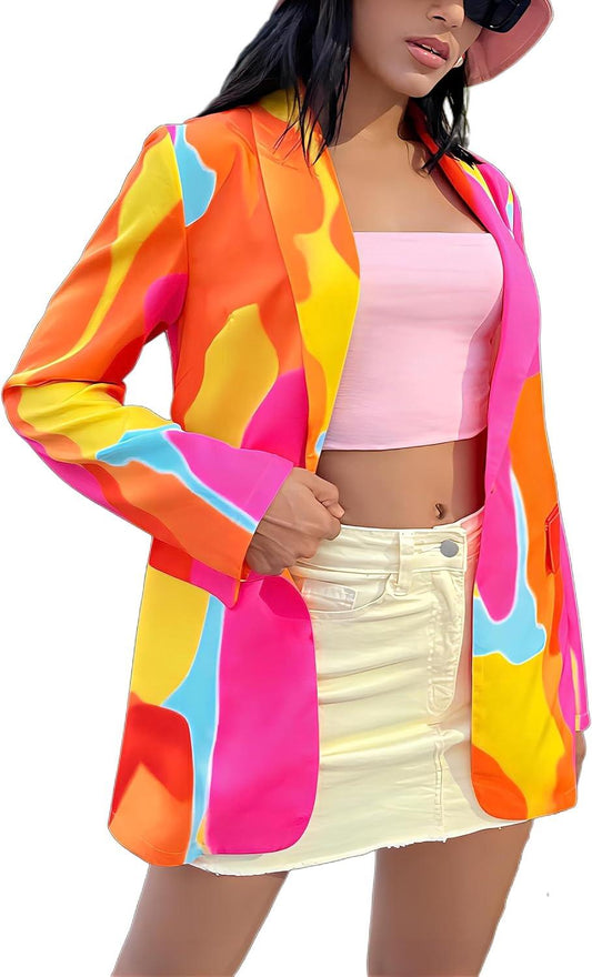 Mosaic Orange & Pink Printed Lapel Long Sleeve Blazer - ZyraLux