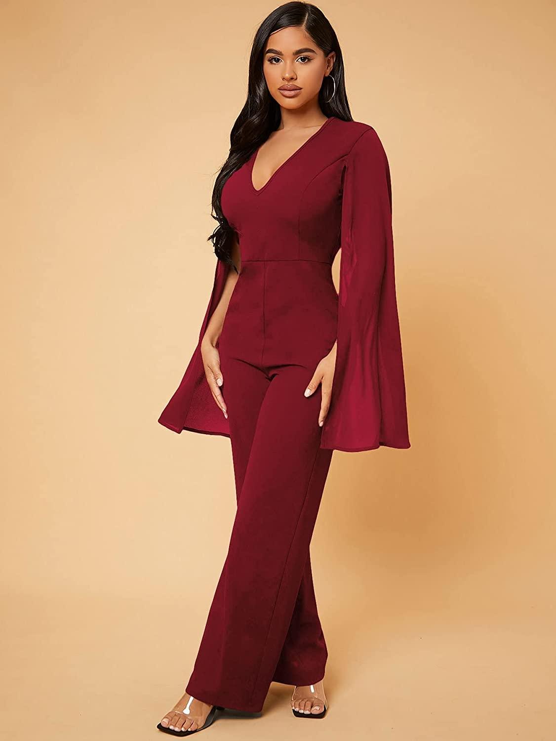 Splendid Burgundy Split Long Sleeve High Waist Jumpsuit - ZyraLux Jumpsuits & Rompers