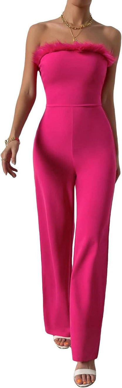 Strapless roze jumpsuit met veren