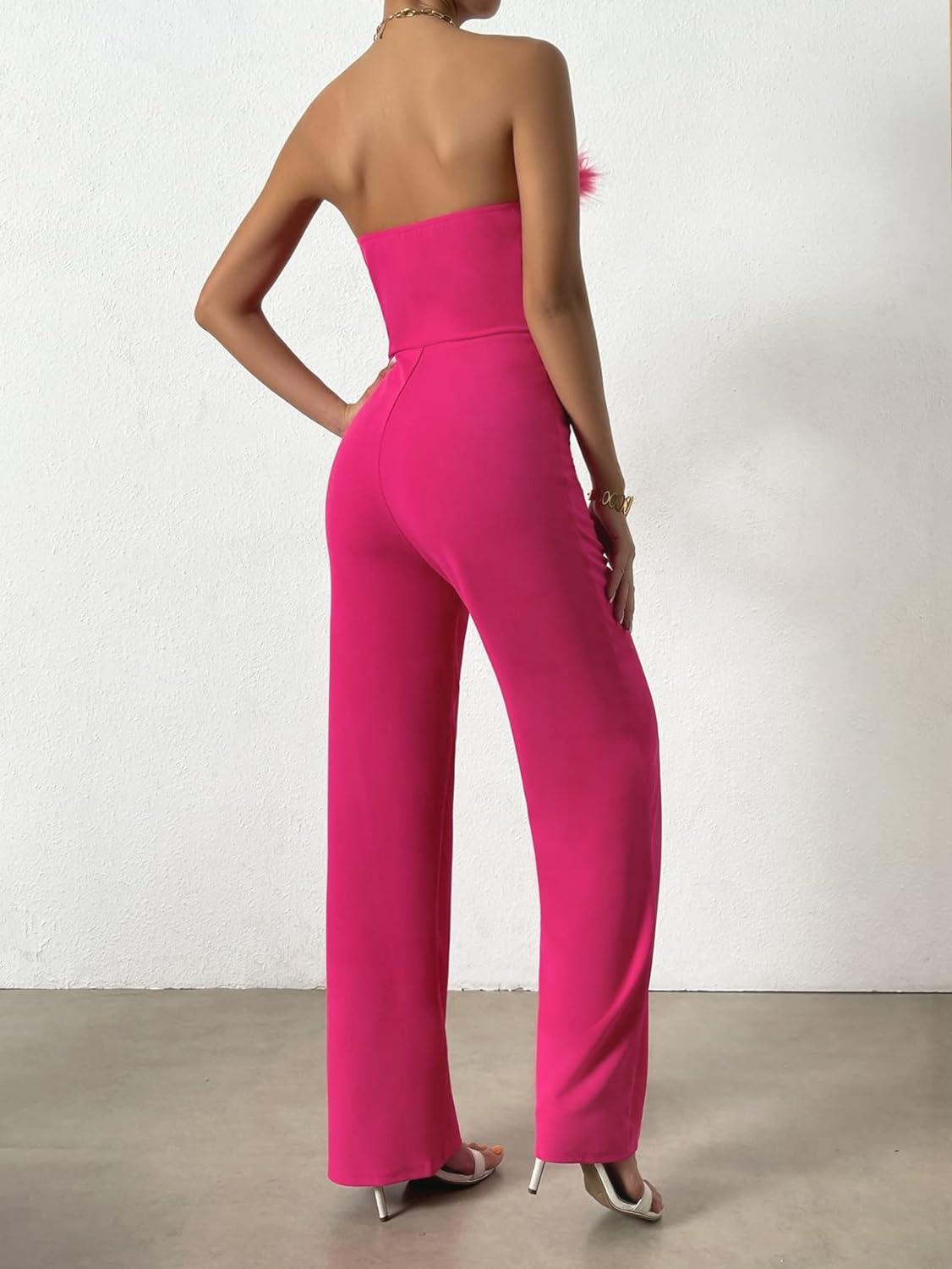 Strapless roze jumpsuit met veren