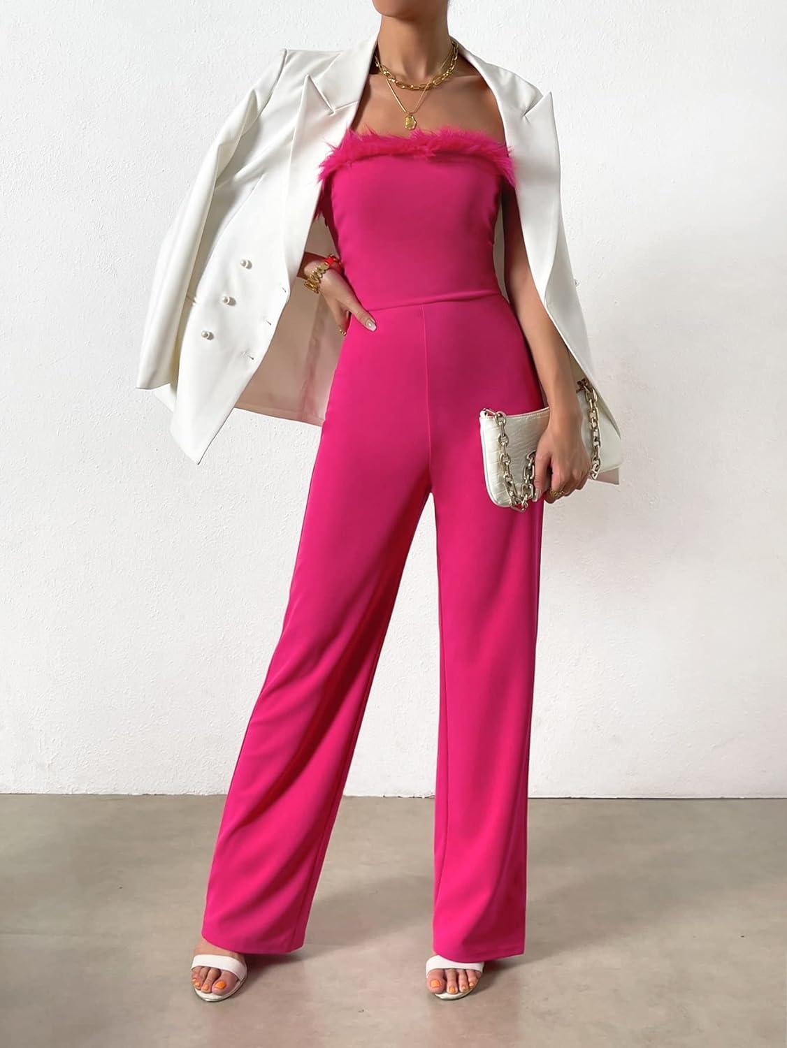 Strapless roze jumpsuit met veren