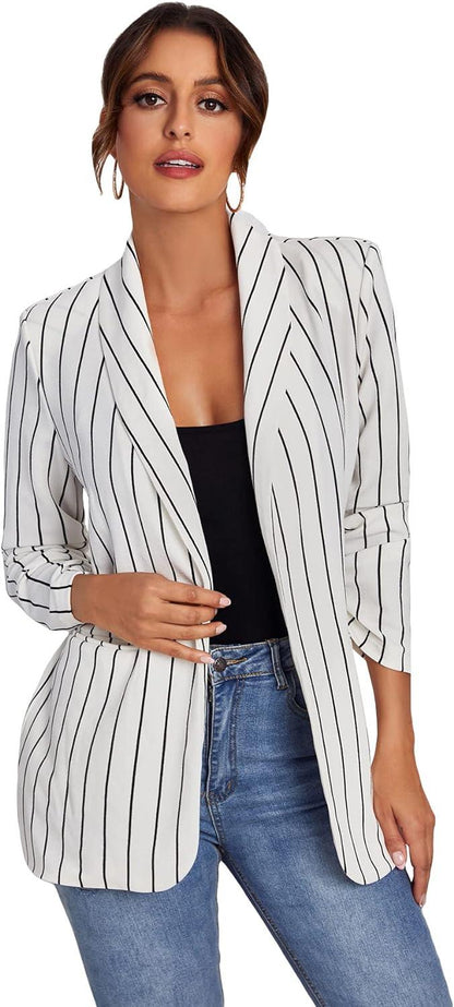 Pin Striped White Long Sleeve Blazer Jacket - ZyraLux