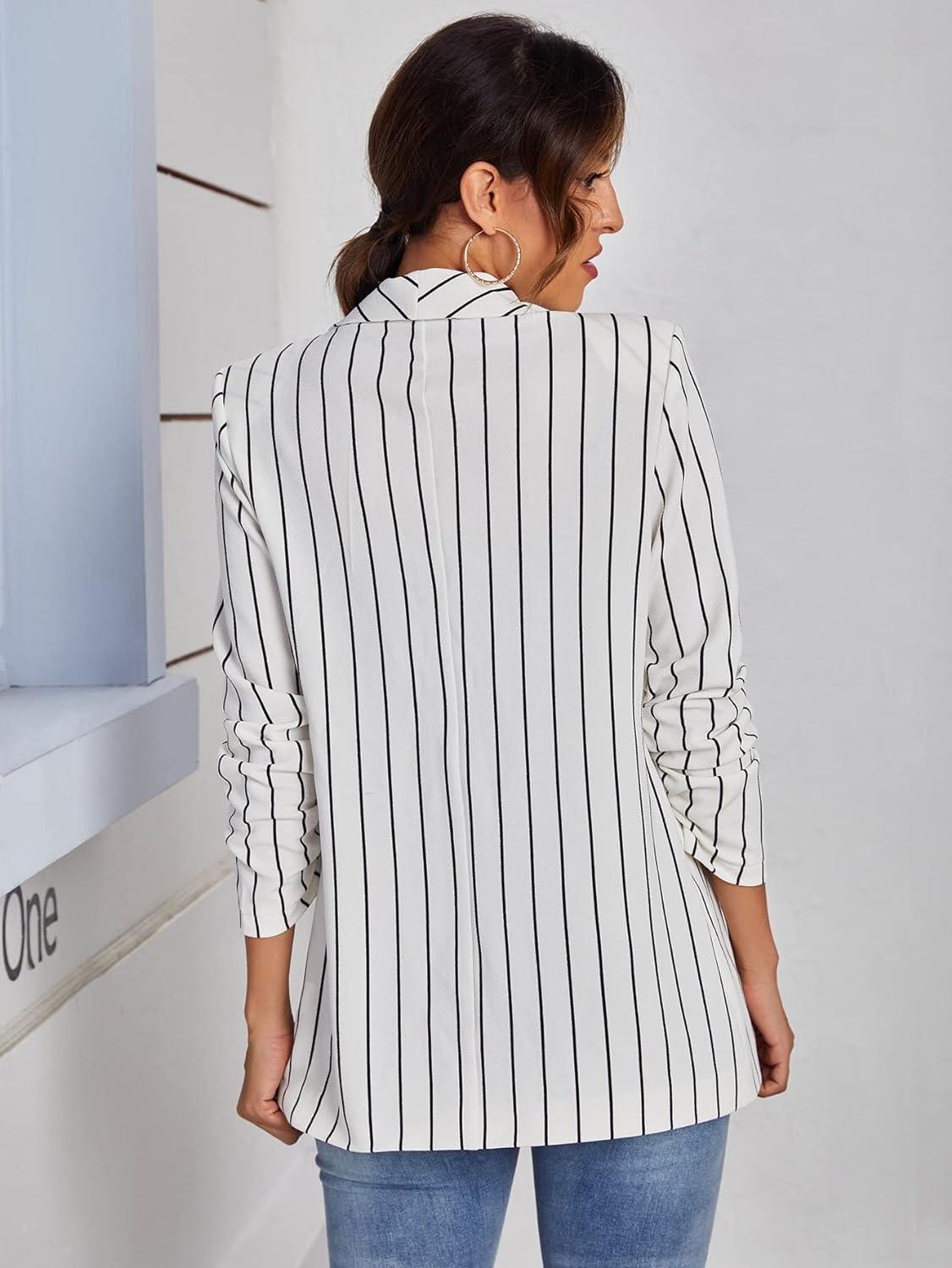 Pin Striped White Long Sleeve Blazer Jacket - ZyraLux