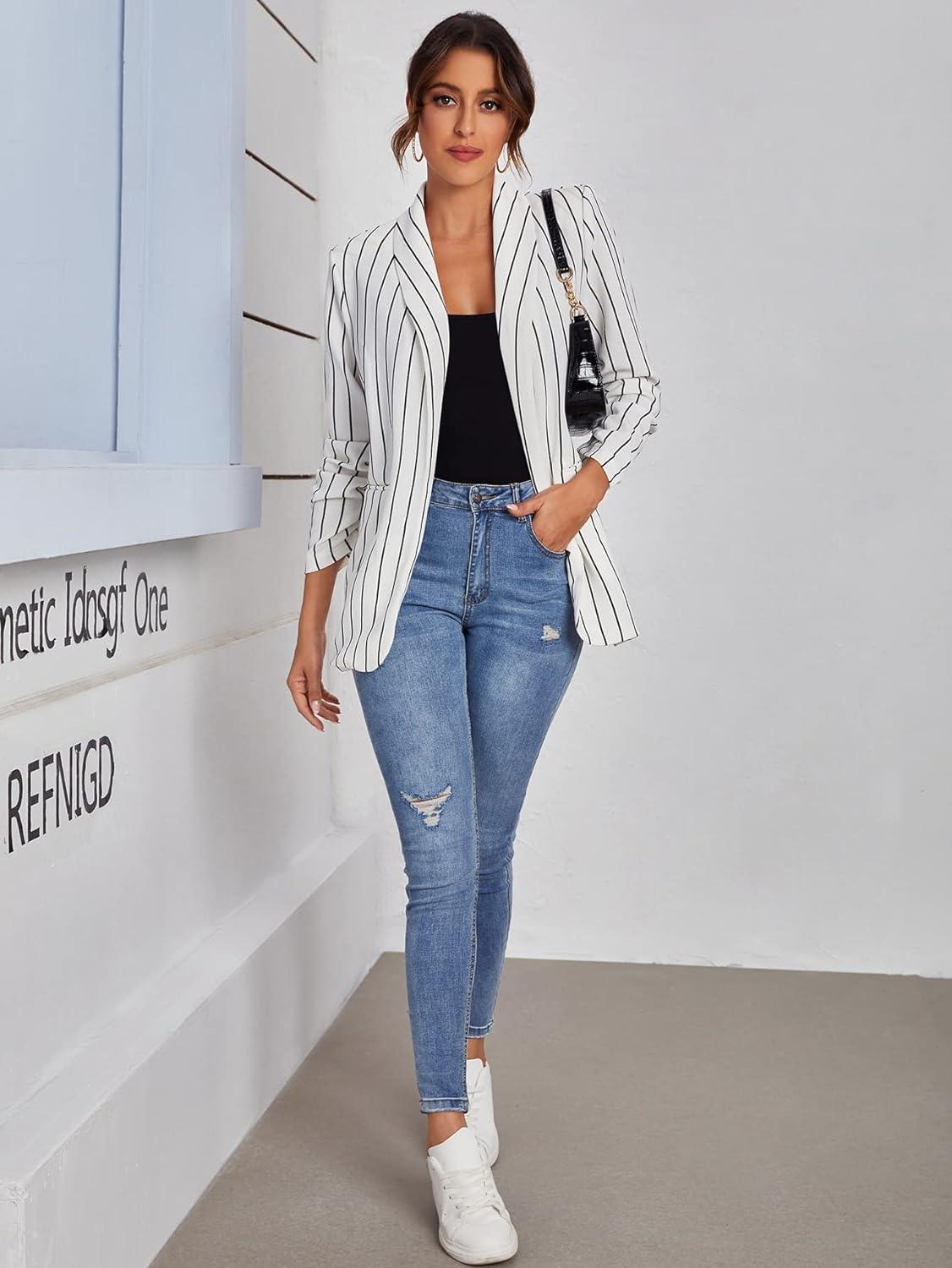 Pin Striped White Long Sleeve Blazer Jacket - ZyraLux