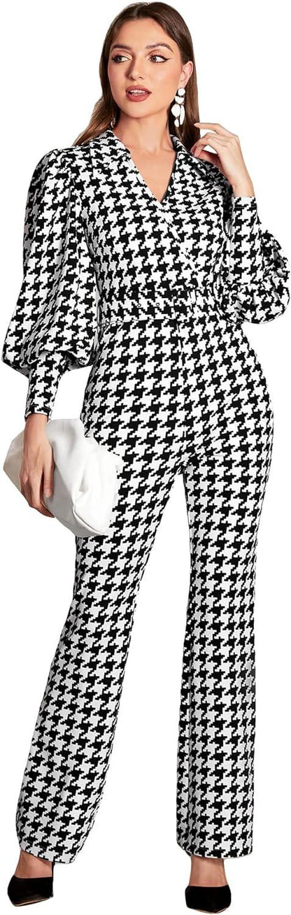 Black & White Houndstooth Ballon Sleeve Jumpsuit - ZyraLux Skirt