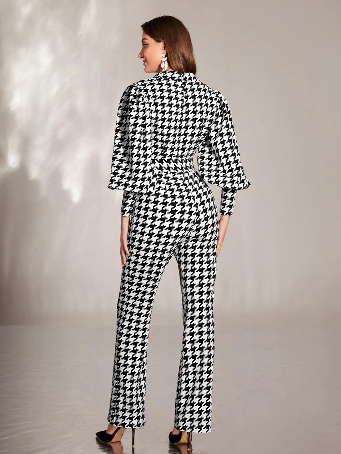 Black & White Houndstooth Puff Sleeve Jumpsuit - ZyraLux Jumpsuit