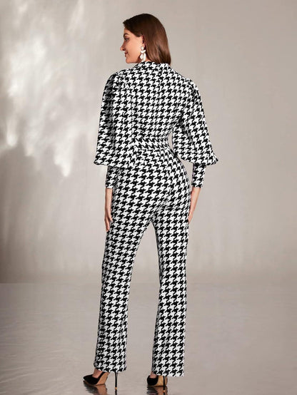 Black & White Houndstooth Puff Sleeve Jumpsuit - ZyraLux Jumpsuit