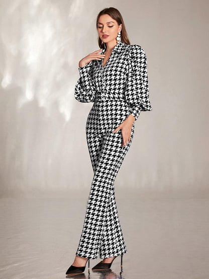 Black & White Houndstooth Puff Sleeve Jumpsuit - ZyraLux Jumpsuit