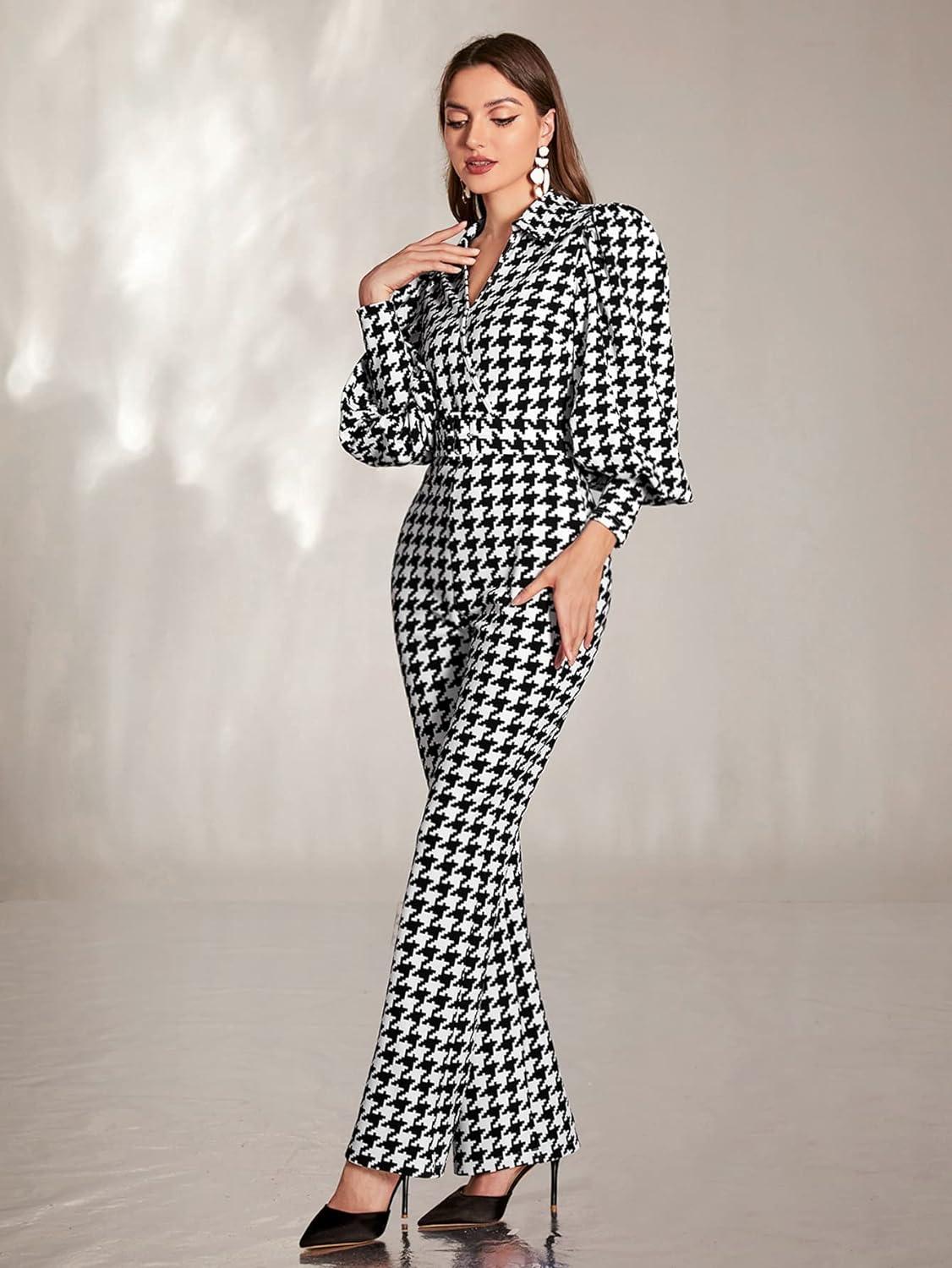 Black & White Houndstooth Ballon Sleeve Jumpsuit - ZyraLux Skirt