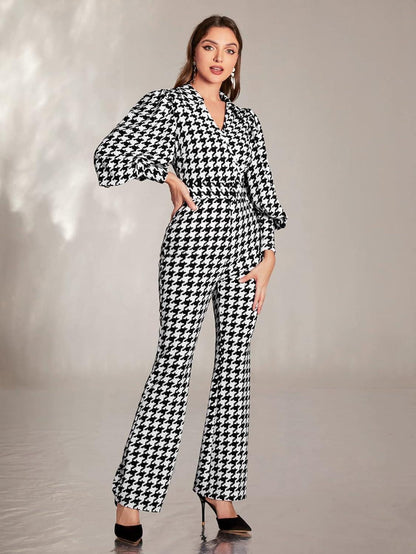 Black & White Houndstooth Puff Sleeve Jumpsuit - ZyraLux Jumpsuit