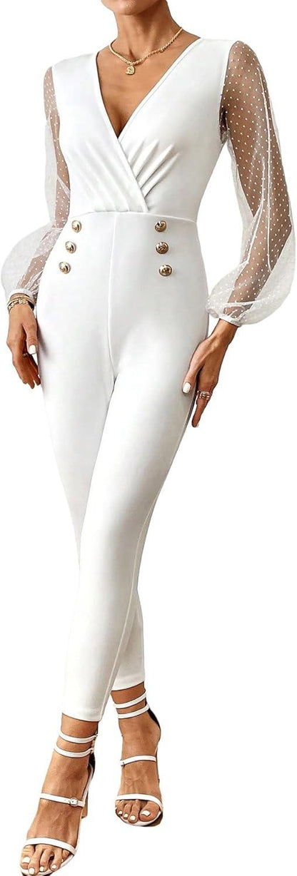 Witte jumpsuit met mesh mouwen en knoopsluiting aan de voorkant