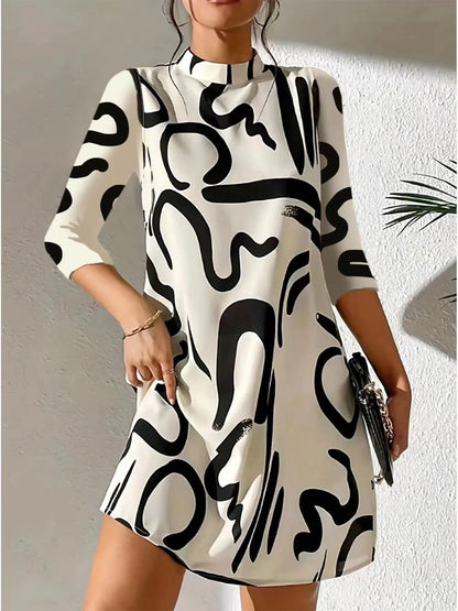 Abstract A-Line Dress - Black and White - Polyester - Artistic - ZyraLux Women's Dresses