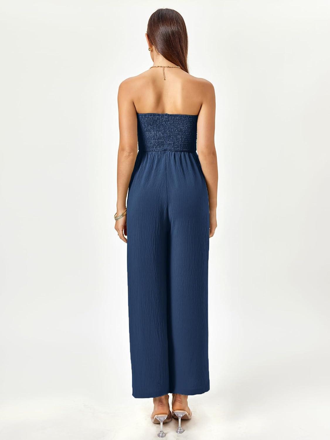 Strapless marineblauwe jumpsuit met wijde pijpen en strik