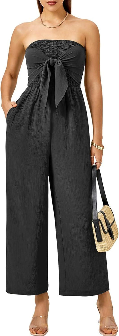 Strapless Black Bow Tie Wide Leg Jumpsuit - ZyraLux