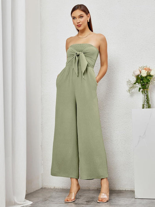 Strapless Salie Groene Strik Wijde Pijpen Jumpsuit