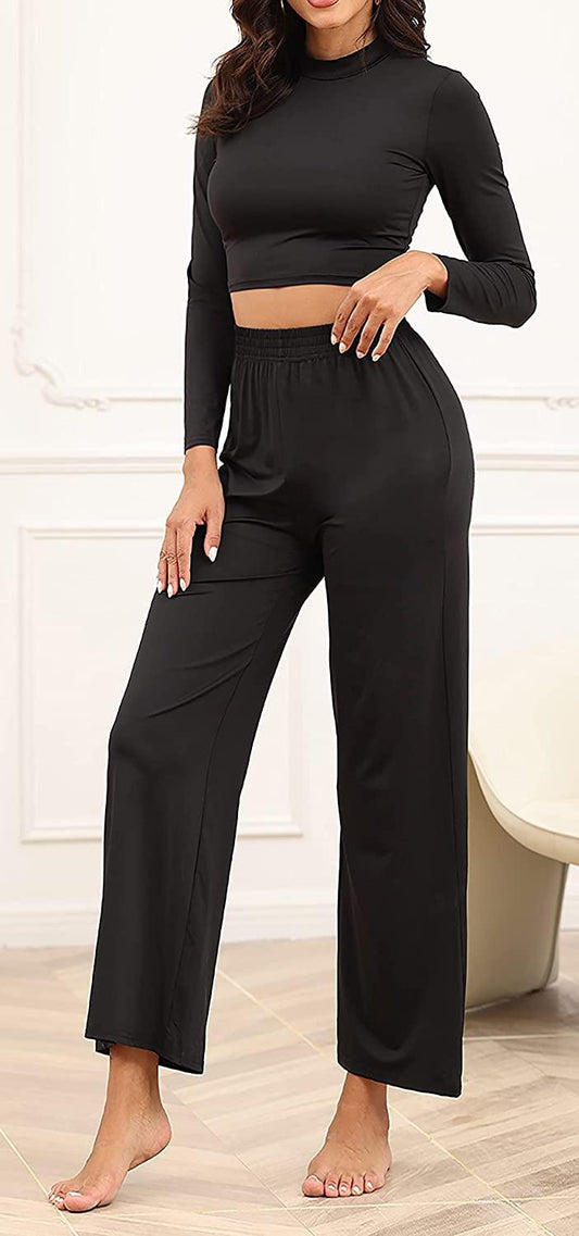 Funky Black High Neck Long Sleeve 2 Pcs Outfit Wide Leg Jumpsuit - ZyraLux Jumpsuits & Rompers