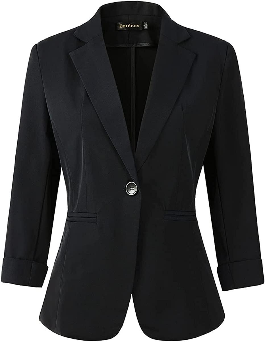 Black One Button 3/4 Sleeve Women's Dress Blazer - ZyraLux