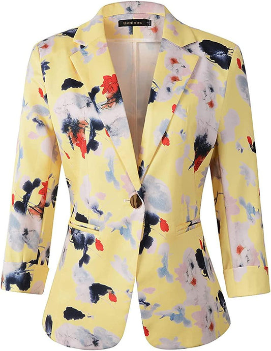 Dames geel bloemenprint 3/4 mouw blazer