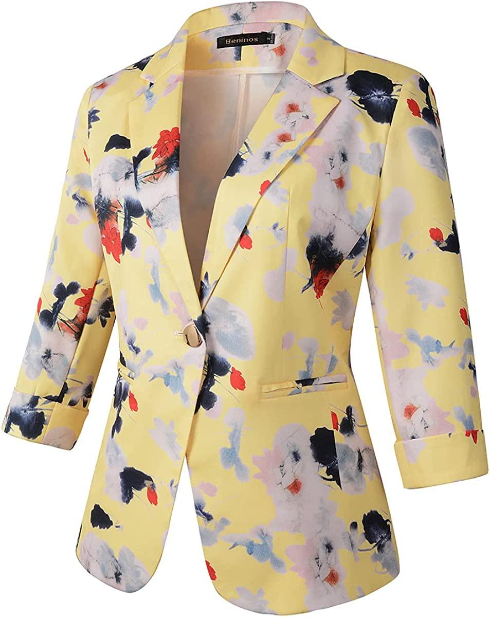 Dames geel bloemenprint 3/4 mouw blazer