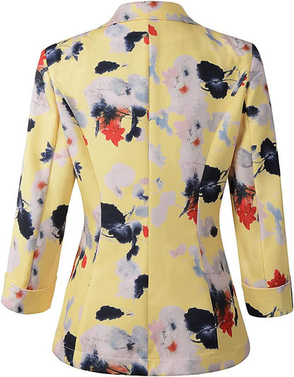 Dames geel bloemenprint 3/4 mouw blazer