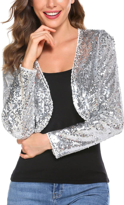 Glitter Sparkle Pink Long Sleeve Sequin Blazer Crop Jacket - ZyraLux