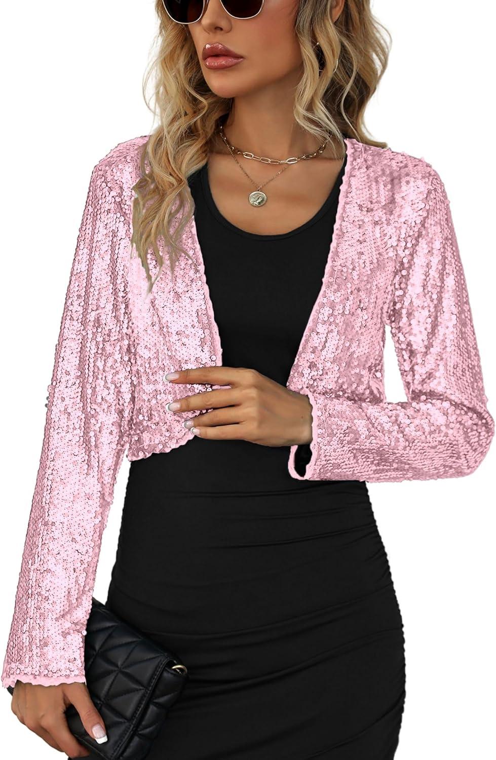 Glitter Sparkle Pink Long Sleeve Sequin Blazer Crop Jacket - ZyraLux