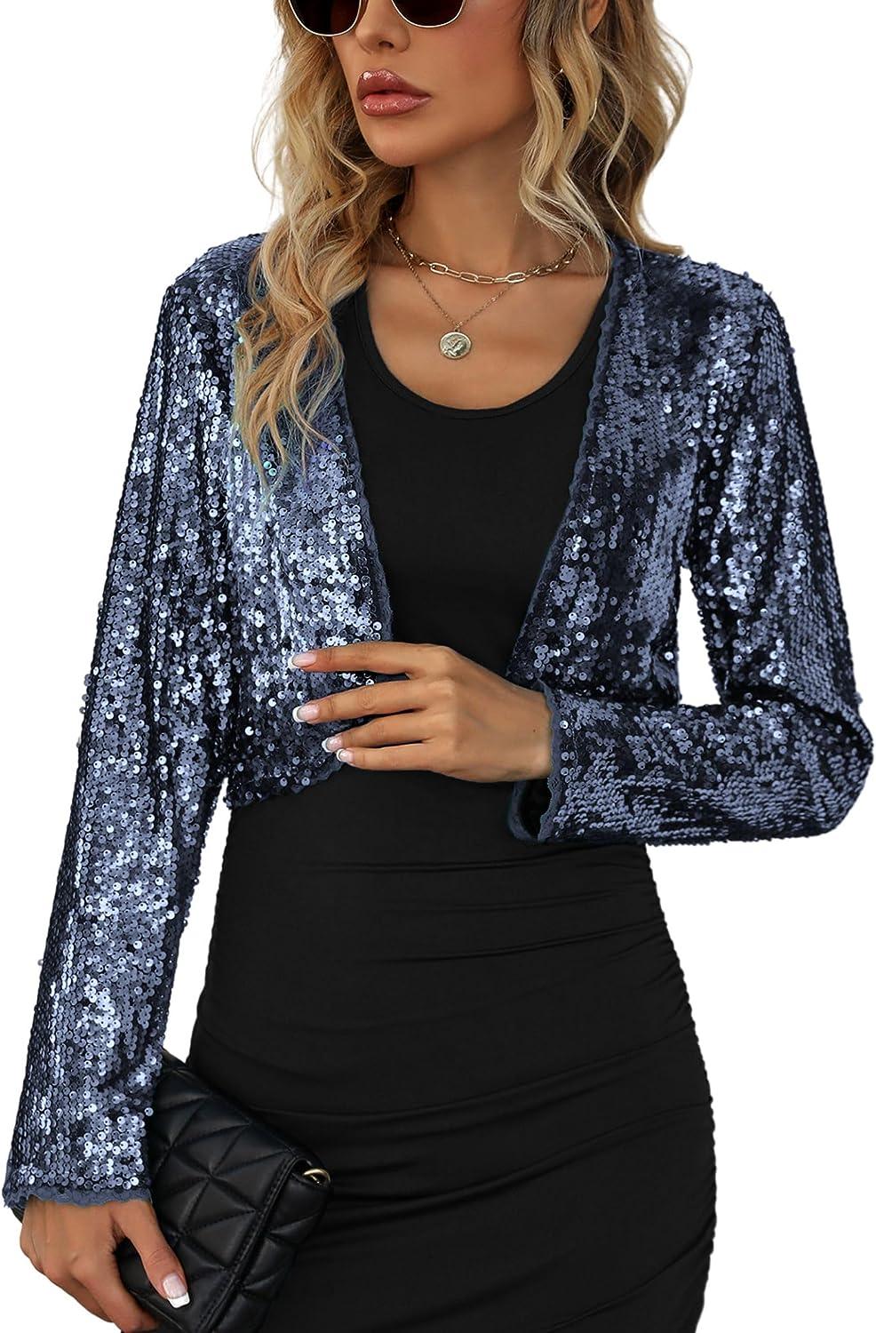 Glitter Sparkle Pink Long Sleeve Sequin Blazer Crop Jacket - ZyraLux