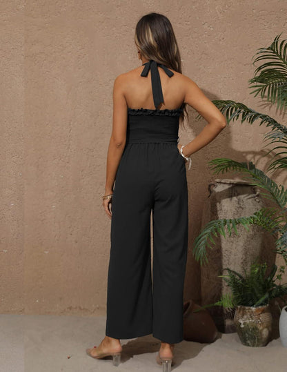 Black Ruffled Halter Style Jumpsuit - ZyraLux