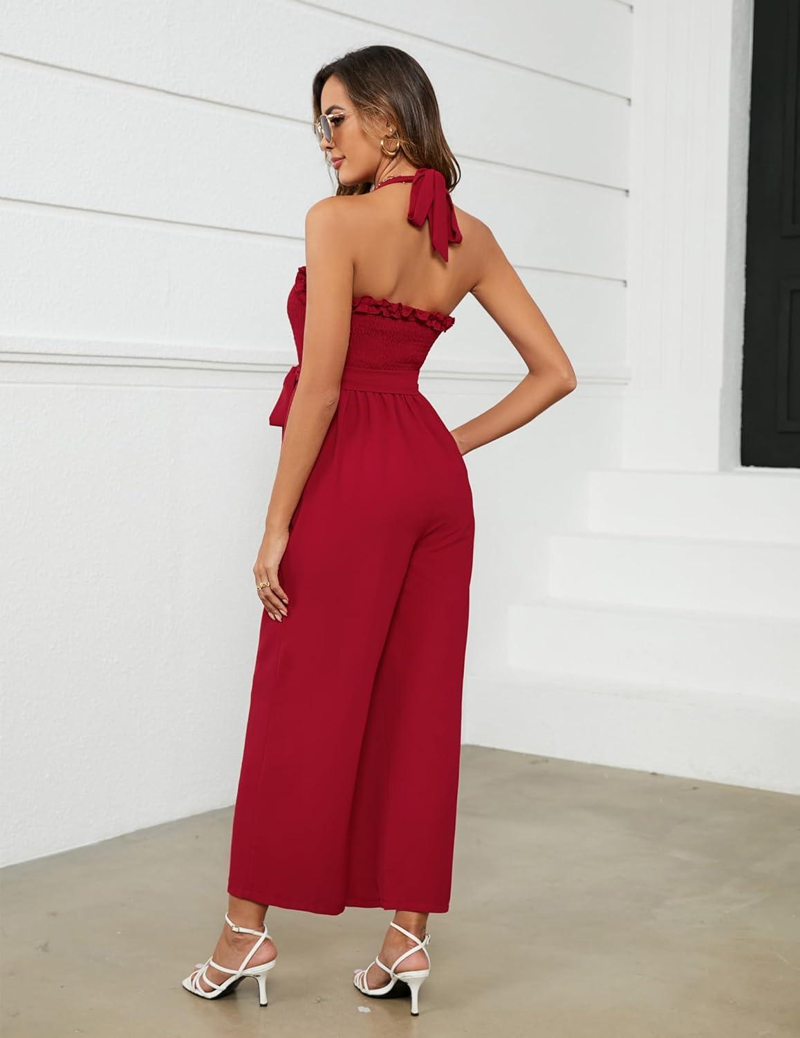 Red Ruffled Halter Style Jumpsuit - ZyraLux