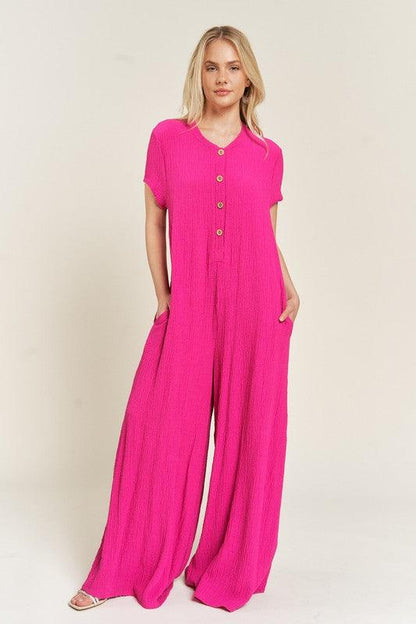 Loose Fit Fuschia Pink Textured Short Sleeve Jumpsuit - ZyraLux