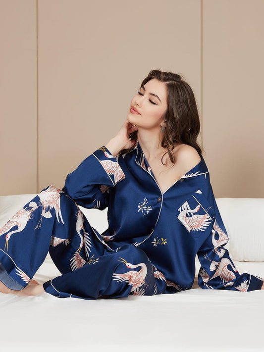 JISKA - Women's Pure Silk Printed Pajama Set with Classic Finishes - ZyraLux Pyjama