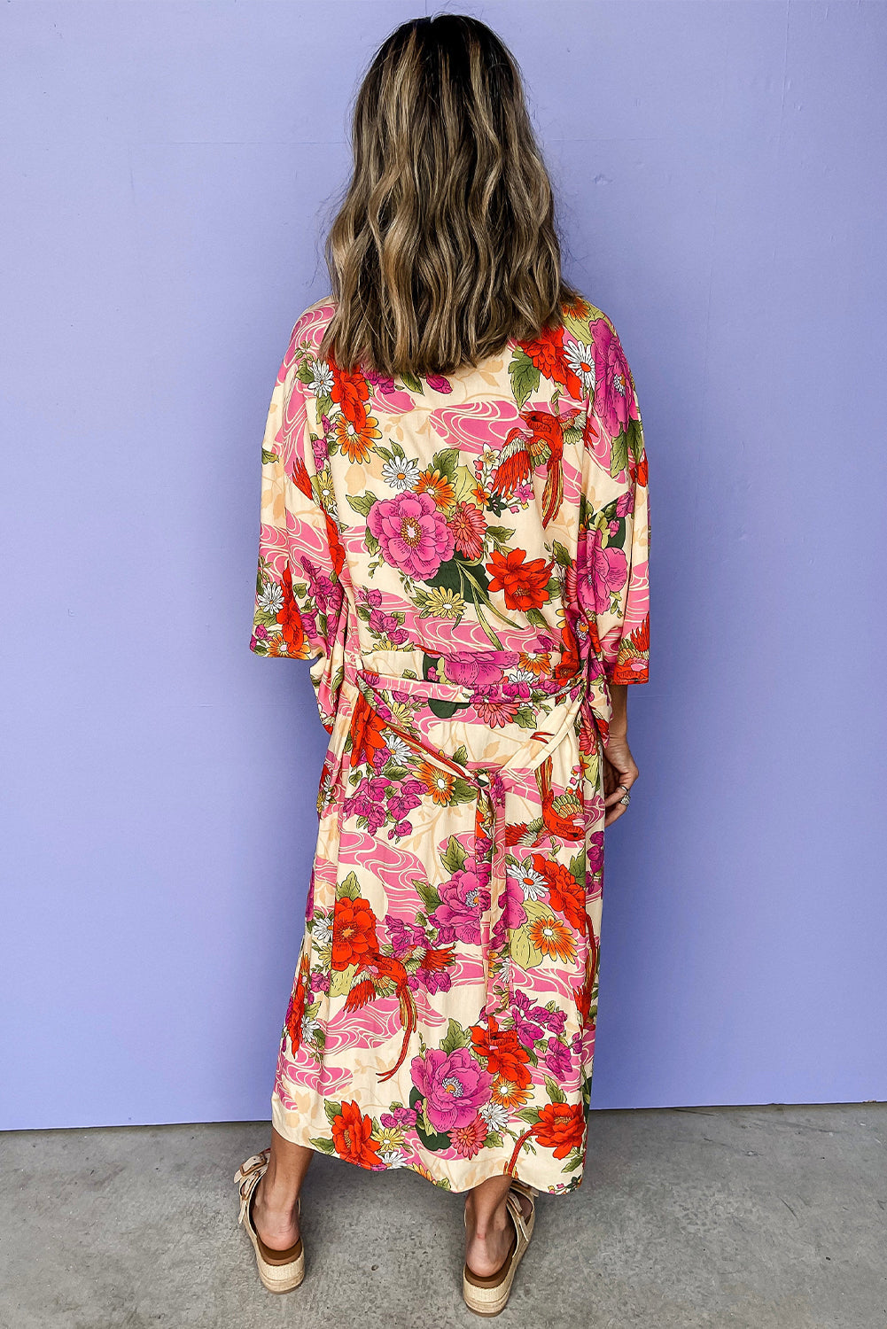 Roze bloemen allover print open voorkant riem duster kimono