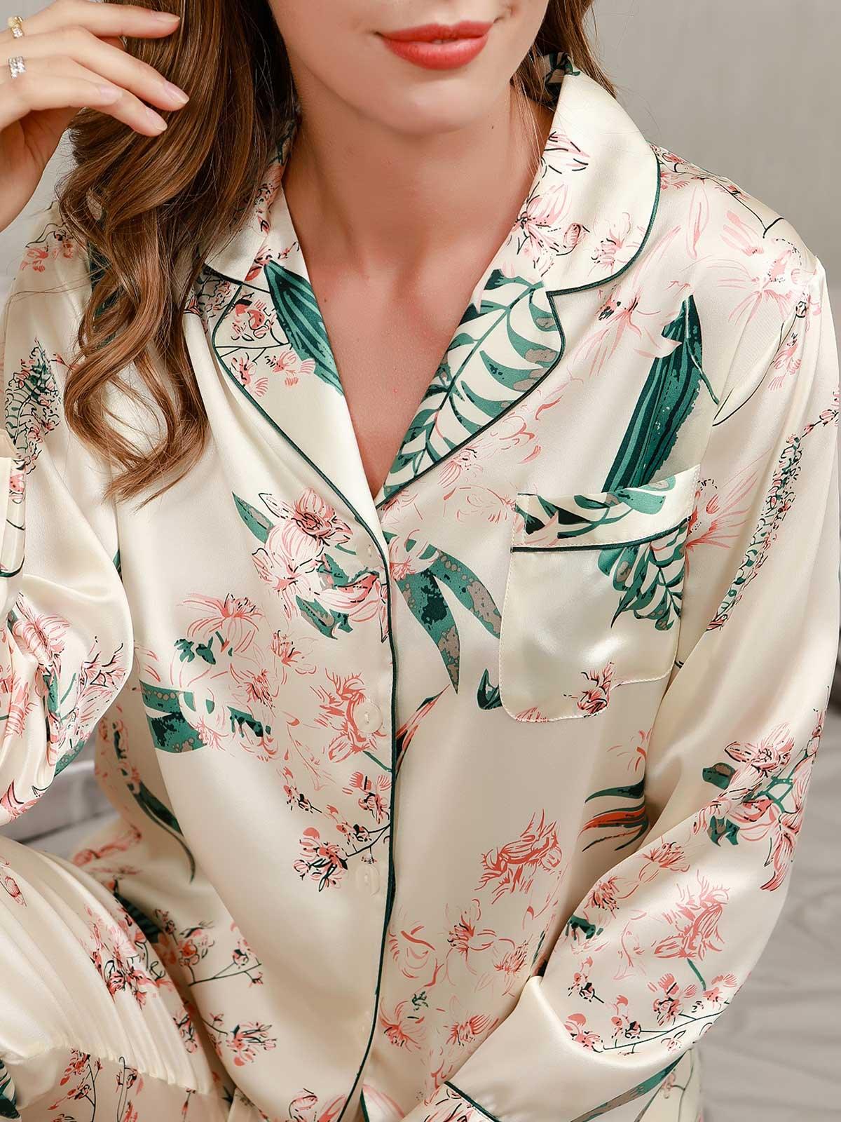 ELIZE - Luxury Printed Silk Pajama Set - ZyraLux Pyjama