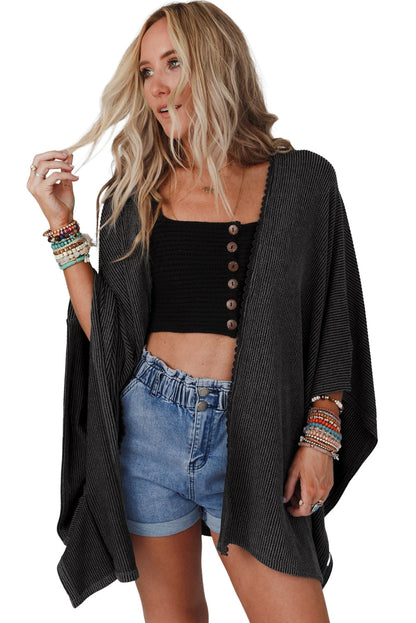 Zwarte geribbelde oversized kimono met kanten rand