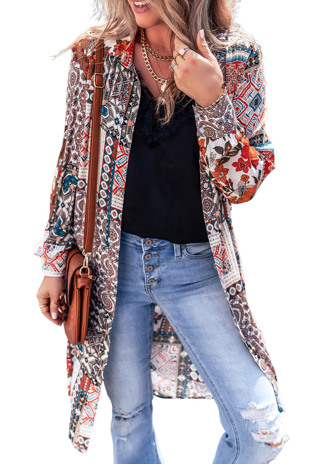 Veelkleurige Boho Mix Print Lange Kimono