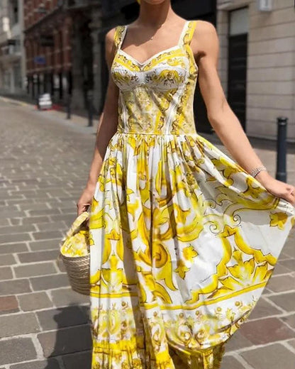 Baroque Print Maxi Dress | Yellow | Summer Elegance | Cotton - ZyraLux Kleding en accessoires