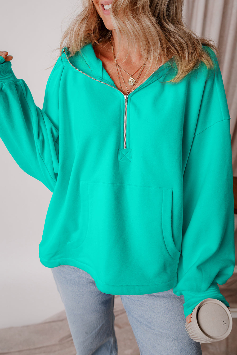 Gezellige Aruba Blue Fleece gevoerde Half Rits Hoodie met Handige Kangoeroezakken