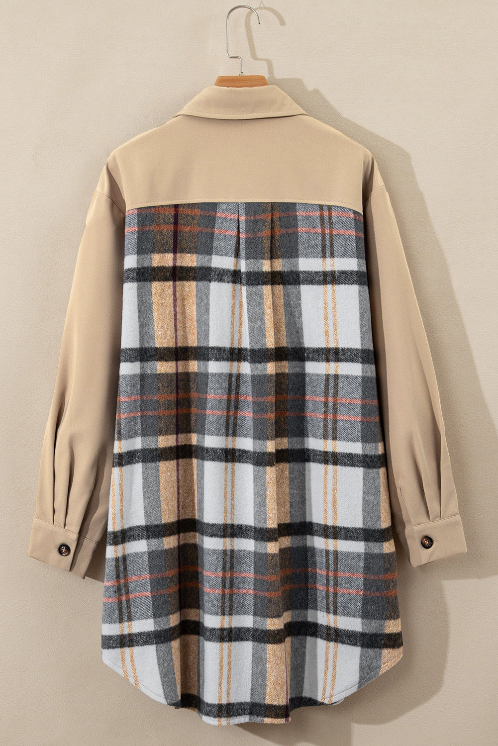 Chique Khaki Plaid Patchwork Lange Mouw Shirtjurk