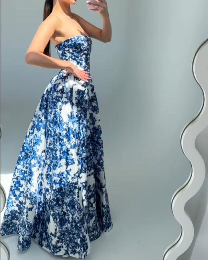 Strapless Floral Ball Gown | Blue | Evening Elegance | Brocade - ZyraLux Kleding en accessoires