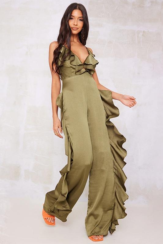 Satin Ruffle Jumpsuit | Multicolor | Evening Glamour | Satin - ZyraLux Kleding en accessoires