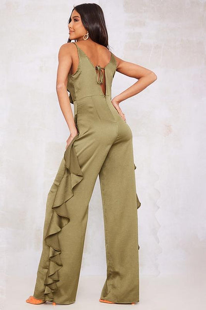 Satin Ruffle Jumpsuit | Multicolor | Evening Glamour | Satin - ZyraLux Kleding en accessoires